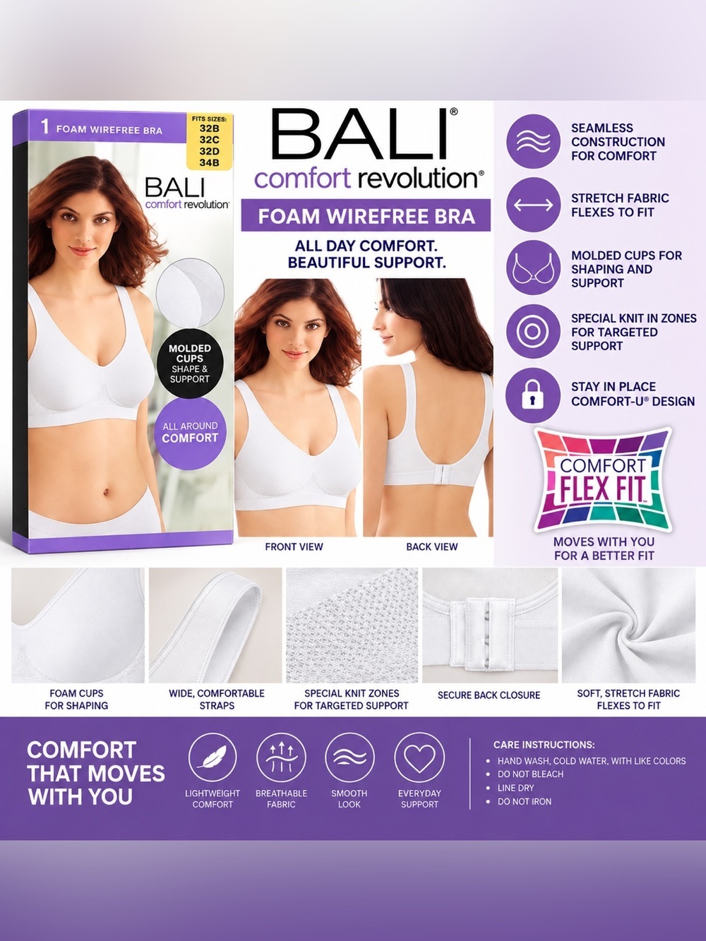 BALI COMFORT FOAM WIREFREE BRA – WHITE FITS 32B,32C,32D,34B (NEW WITH TAGS) A32